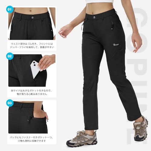 [Gopune] レディース アウトドア パンツ トレッキングパンツ 撥水 登山着 UVカット 作業ズボン ストレッチ 速乾 ハイキンパンツ ゴルフウェア 通気（01ブラック M） 中間 画像