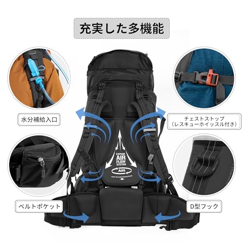 [Naturehike] 公式ショップ 大容量バックパック 70L+5L ザック 登山 リュック 背面長調整可能 男女兼用 多機能 レインカバー 救援笛付き ハイキング 旅行 防災 (ブラックーアップグレード版) 中間 画像