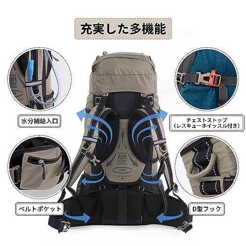 [Naturehike] 公式ショップ 大容量バックパック 70L+5L ザック 登山 リュック 背面長調整可能 男女兼用 多機能 レインカバー 救援笛付き ハイキング 旅行 防災 (ブラウン) 中間 画像