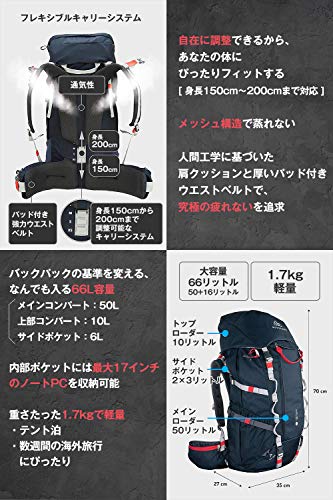 [NORDKAMM] バックパック 50L + 10L 大容量 軽量1.7kg 防水 レインカバー ザック 長期旅行 登山 防災 アウトドア【日本語説明書付】 (日本正規版) 60リットル 中間 画像