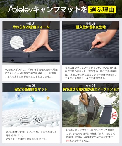 エアーマット キャンプマット【2025新開発・30秒で膨らむ・R値6.5】厚手8cm 車中泊マット枕付き インフレーターマット 高弾性 コンパクト 無限連結可能 折り畳み式 マットレス 収納袋付き/日本語説明書/ ゴムバンド2本/ 補修用シール4枚付き /来客用/防災用/家庭用/アウトドア エアーベッド 中間 画像