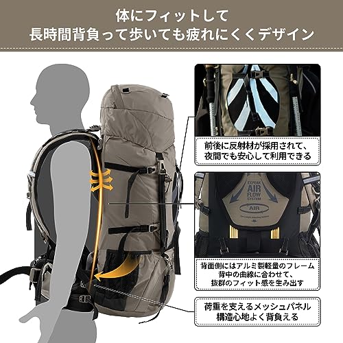 [Naturehike] 公式ショップ 大容量バックパック 70L+5L ザック 登山 リュック 背面長調整可能 男女兼用 多機能 レインカバー 救援笛付き ハイキング 旅行 防災 (ブラウン) 最後 画像