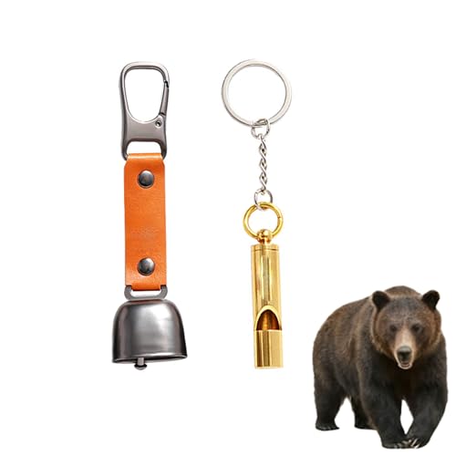 熊鈴,熊よけ鈴, 熊よけベル, マグネット式サイレンサー付き大音量クマベル2個パック、レザーボタンストラップ、クマカラビナ、ハイキングギア、サバイバル、ハイキング、サイクリング、釣り、登山用の真鍮製キャンプ用クマベル (キャラメルカラーをアップグレード) 1枚目 画像