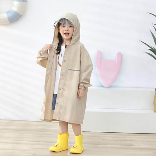 レインコート キッズ カッパ 子供 ランドセル 男の子 女の子 こども用レインコート レインポンチョ 子供 雨具 雨合羽 軽量 防水 速乾 夜間反射 ツバ 収納袋付き 薄型 レイングッズ 梅雨 豪雨 自転車 通園 通学 キャンプ アウトドア カーキ Mサイズ 中間 画像