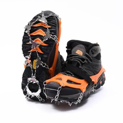 晨陽小店 チェーンスパイク 軽量 24本爪 アイゼン 登山 オレンジ 3秒着脱 Lサイズ：25.0〜26.5cm 凍結道路 滑り止め 雪山 登山 ハイキング 穴釣り 磯釣り 沢登り 転倒防止 収納袋付き 男女兼用 画像1