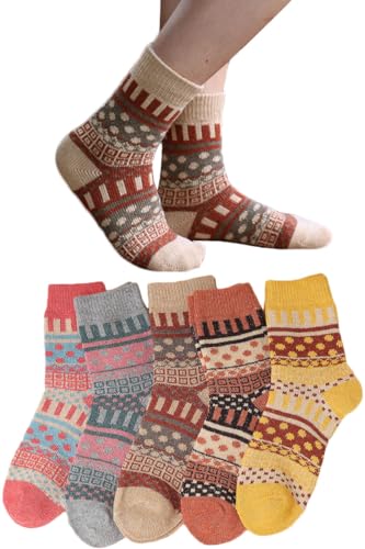 [AOIIWER] 靴下 レディース 秋冬 ソックス【可愛い•防寒保温】 防菌防臭 暖かい靴下 あったか 履き心地 厚手 高い耐久性 通気 伸縮性 カジュアルソックス 室内 アウトドア 通勤通学 登山 5足セット (5足セットD組) 画像1