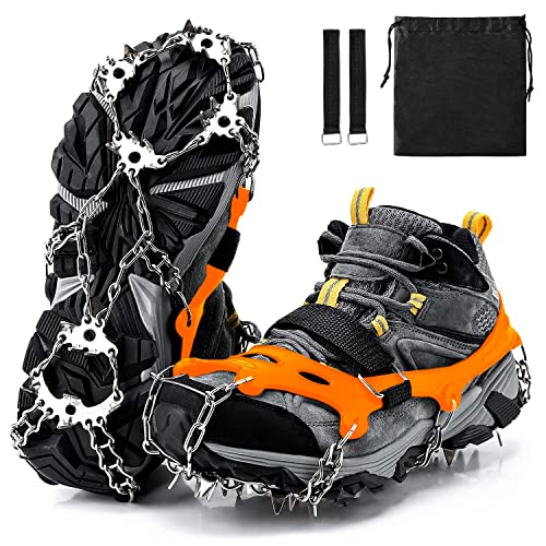 アイゼン スノースパイク 24本爪 チェーンスパイク ステンレス製 登山 軽量 靴底用 雪山 雪道 凍結 氷 スノー アイス 滑り止め 転倒防止 (L, オレンジ) 1枚目 画像