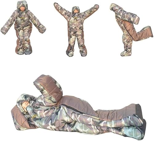 着る寝袋 モモンガ 動ける 動けるあったか寝袋 人型 フード付 全身 撥水加工 防災グッズ 防災用シュラフ 歩ける 男女兼用 暖かい 防寒グッズ 大人用 全身用 旅行 キャンプ (迷彩色, L(適応身長:160~175cm)) 中間 画像