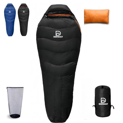 DERWAY ダウン寝袋 冬用 枕付き (220*85cm) 超軽量 ワイドバージョン 680FPフィルパワー -15℃～8℃ コンパクト寝袋 キャンプ ハイキング オートキャンプ 防災 車中泊 アウトドア緊急用 (ブラック, 羽毛量 1200g) 画像1