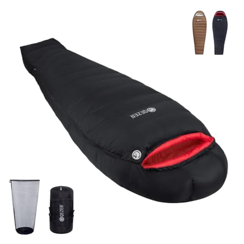 QEZER 寝袋 冬用 ダウン シュラフ 最低温度-26℃ 700g/1000g/1500g羽毛充填 マミー型 650FP高級ダウン寝袋 コンパクト 400T撥水加工 キャンプ 登山 車中泊 防災避難用 画像1