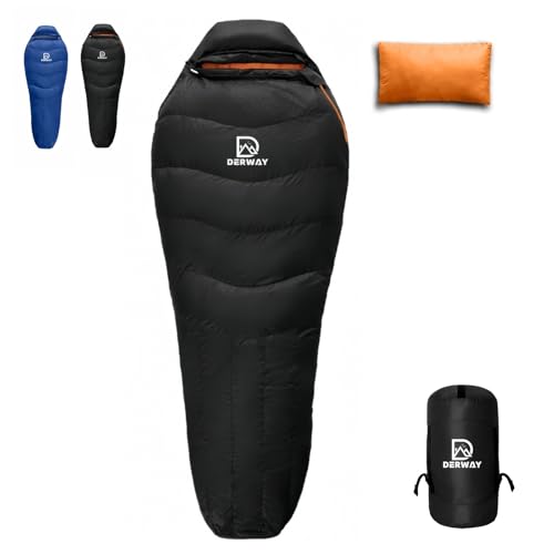 DERWAY ダウン寝袋 冬用 軽量 枕付き (220*85cm) ワイドバージョン 680FPフィルパワー -15℃～8℃ コンパクト寝袋 YKK連結ジッパー付き ています キャンプ ハイキング オートキャンプ 防災 車中泊 アウトドア緊急用 画像1