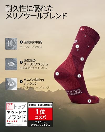 [DANISH ENDURANCE] ハイキングソックス 登山用 靴下 メリノウール 3組, マルチカラー（１ｘコージーネイビー、１ｘコージーレッド、１ｘコージーライトグレー）, 28.5 cm - 30.5 cm 最後 画像