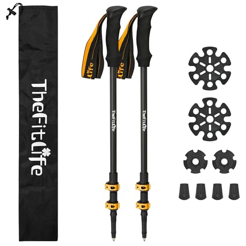 TheFitLife トレッキングポール カーボン 登山 ストック 軽量 57-120cm伸縮 ウォーキングポール ウォーキングステッキ 2本セット 登山杖 登山ポール 山登り ステッキ ハイキングポール 男性 女性 高齢者 (オレンジ) 1枚目 画像