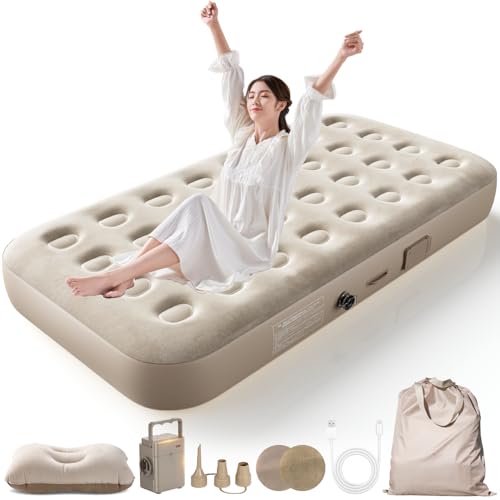 BQB エアーベッド 花見 キャンプ マット キャンプ用品 エアーマット 電動ポンプ内蔵 シングル 190×100×25cm 折り畳み式 自動膨張 ワンタッチで空気抜け Type-C充電式 取り外し可能 エアーマットレス 簡易ベッド 防水性・通気性・快適性 枕付き 収納袋付き 日本語取扱書 来客用/防災用/車中泊/引越し/家庭用/アウトドア コンパクト (ベージュ) 1枚目 画像
