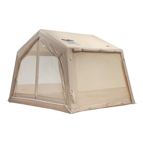 TOMOUNT インフレータブルテント エアーテント 300Dオックスフォード ロッジ型 2~4人用 煙突穴付き ファミリーテント キャンプ 組立簡単 アウトドア 遮熱 耐火 防蚊虫 4シーズン 収納袋付く (ベージュ Oxford) 1枚目 画像