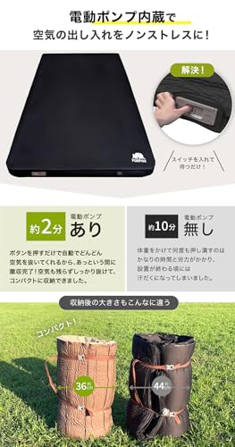 Pasinaz（パシナーズ） 電動ポンプ内蔵 厚手10cm 充電式 Type-C キャンプ エアーマット 幅 130cm 75cm インフレーターマット 自動膨張 キャンパー 車中泊 特大バルブ搭載 災害時 キャンプ用品 車中泊マット 寝袋 収納簡単 収納バック付 (ダブル本体（幅130cm）＋電動ポンプ) 中間 画像