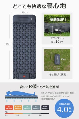エアーマット キャンプ 足踏み式 【2025新開発&25秒膨らむ】 車中泊マット 枕が付き アウトドア 防災 寝袋 R値4.0 厚手 防水防潮 災害用 軽量 持ち運び便利 簡単収納 収納袋付き 日本語取扱説明書 中間 画像