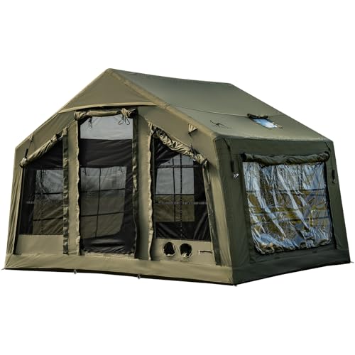 MC エアーテント 8㎡ TCポリコットン素材 インフレータブル ロッジ型 3~5人用 煙突穴付き ファミリー キャンプ 組立簡単 エアフレームテント アウトドア 防蚊虫 4シーズン 収納袋 空気入れ付き 画像1