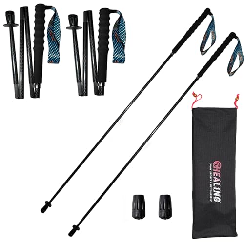 KHEALING トレッキングポール カーボン 折畳み【超軽量115g/125g/130G】炭素繊維 登山 ポール 5節 2本セット 110/120/130 cm ハイキングポール 滑り止め コンパクト 遠足 登山用品 徒歩 キャップ 吸湿発散性に 収納バッグ付 男女兼用 オフロード(人気登山ブロガー絶賛推薦！) (黒, 120CM) 画像1