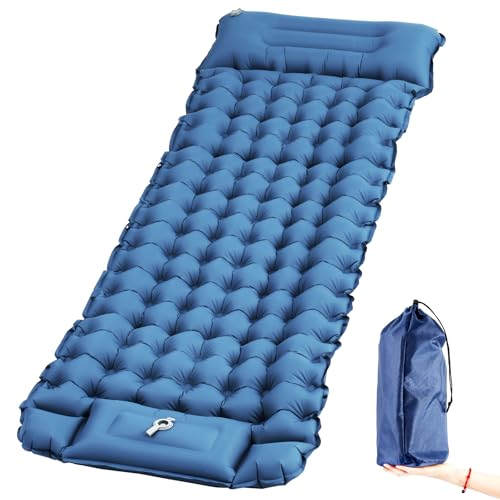 DWY エアーマット キャンプマット【10cm厚さ･足踏み式･枕付き】無限連結可能 超軽量 コンパクト 防水 防災 車中泊 登山用 お花見 テント泊用 収納袋･修理パッチ･日本語説明書付き (ブルー) 画像1