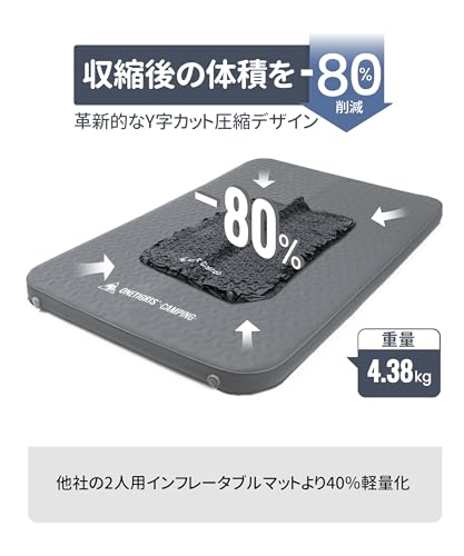 OneTigris DYNISLAND エアーマット 60秒自動膨張 2人用 インフレーターベッド 10cm極厚 高R値 高反発 耐荷重200kg 無臭 快適 静音 滑り止め加工 オールシーズン 201*132cm ポンプ機能収納袋付き キャンプ/ツーリング/レジャー/車中泊用 中間 画像