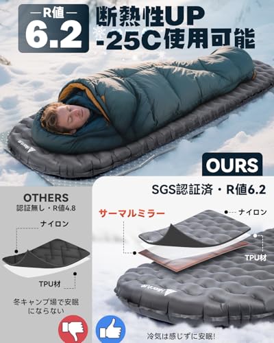 Hikenture高R値6.2 エアーマット【8.5cm極厚●超軽量●SGS認証】断熱性高い コンパクト収納 エアポンプ・取扱書・収納袋・補修テープ付 キャンプ 登山用 車中泊 テント アウトドア 防災 登山 耐水加工 防水 最後 画像