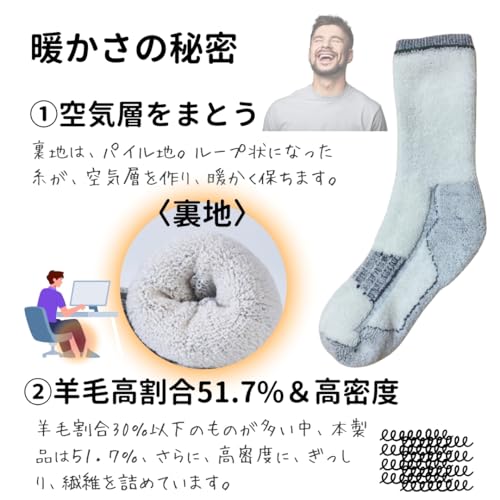[AQshop] メンズ ルームソックス メリノウール あったか靴下 羊毛 厚手 パイル クルー丈 登山 トレッキング スキー スノーボード 中間 画像