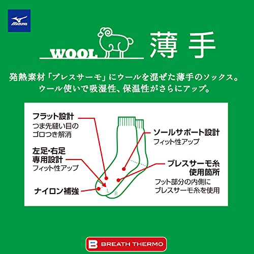 [ミズノ] 靴下 アウトドア ブレスサーモウール 薄手ソックス 吸湿発熱 トレッキング 登山 Go to by B2JX9701 レディース ワイン 22.0-24.0 cm 最後 画像