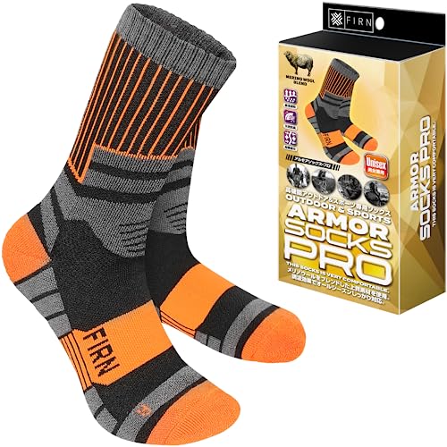 [FIRN] フィルン アルモア ソックス プロ メリノウール 高機能靴下 アウトドア ハイキング 登山用 抗菌 防臭 通気 厚手 足底クッション 水ぶくれ防止 スポーツ キャンプ トレイルラン 男女兼用 (L, オレンジ) 1枚目 画像