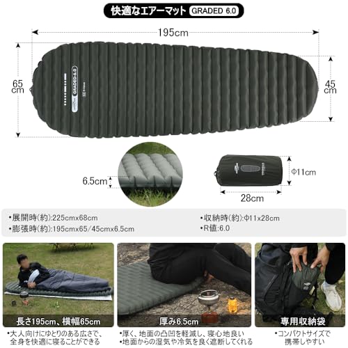 SoomloomキャンプエアーマットGRADED6.0高R値断熱低温耐寒空気入れポンプバッグ付きコンパクト軽量600gポータブルエアーベッド車中泊登山防災地震アウトドアキャンプインフレーターマット (アーミーグリーン) 中間 画像