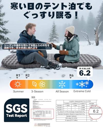 Hikenture高R値6.2 エアーマット【8.5cm極厚●超軽量●SGS認証】断熱性高い コンパクト収納 エアポンプ・取扱書・収納袋・補修テープ付 キャンプ 登山用 車中泊 テント アウトドア 防災 登山 耐水加工 防水 中間 画像