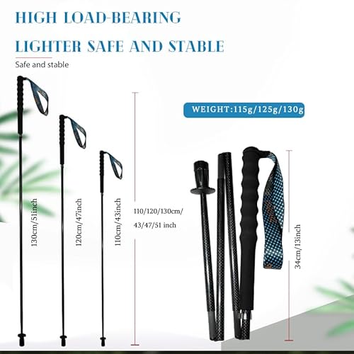 KHEALING トレッキングポール カーボン 折畳み【超軽量115g/125g/130G】炭素繊維 登山 ポール 5節 2本セット 110/120/130 cm ハイキングポール 滑り止め コンパクト 遠足 登山用品 徒歩 キャップ 吸湿発散性に 収納バッグ付 男女兼用 オフロード(人気登山ブロガー絶賛推薦！) (黒, 120CM) 中間 画像