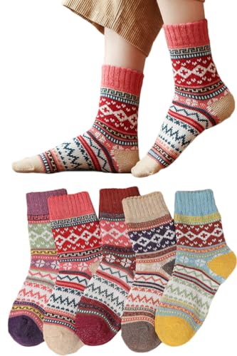 [AOIIWER] 靴下 レディース 秋冬 ソックス【可愛い•防寒保温】 防菌防臭 暖かい靴下 あったか 履き心地 厚手 高い耐久性 通気 伸縮性 カジュアルソックス 室内 アウトドア 通勤通学 登山 5足セット(5足セットA組) 画像1