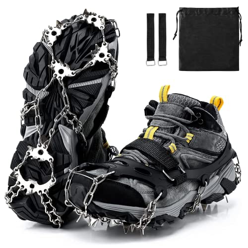 アイゼン スノースパイク 24本爪 チェーンスパイク ステンレス製 軽量 靴底用 登山 ハイキング 通勤 雪山 雪道 凍結 氷 スノー アイス 滑り止め 転倒防止 収納袋付き (L, ブラック) 1枚目 画像