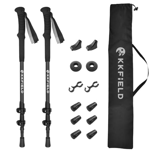 KKFIELD トレッキングポール 高弾性カーボンファイバー 超軽量135g 3段伸縮式 55-125cm調整可能 5種類付属品 EVAグリップ 吸湿発散性 タングステン石突 収納バッグ付 登山用ストック ウォーキングポール 男女兼用 オフロード 登山・ハイキング・ウォーキング・アウトドア用 取扱説明書付き TPI-01BK 2本セットの外観・全体像 画像