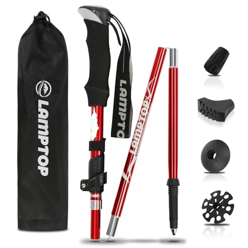 【雑誌掲載】LAMPTOP トレッキングポール 登山ストック 折りたたみ式 軽量A7075アルミ製 250g 1本 95~110cm調節可能 コンパクト ウォーキングポール 収納ケース&付属品付き 男女兼用 1本 (レッド)の外観・全体像 画像