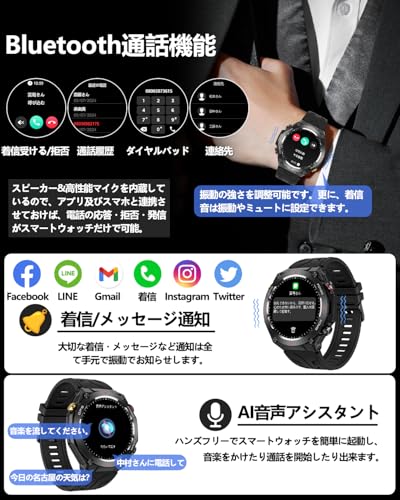 スマートウォッチ【2024年新設計 時計にGPS内蔵 軍用規格 替えバンド付き】スポーツウォッチ 耐衝撃 コンパス搭載 Bluetooth5.3通話 1.45インチ大画面 腕時計 15日間ロングバッテリー 100+運動モード 文字盤DIY 振動と着信音設定 高度計 気圧計 腕時計 1ATM防水 Lineなど通知 天気 ゲーム 音声アシスタント 歩数計 iPhone アンドロイド対応 日本語説明書の特徴・詳細 画像