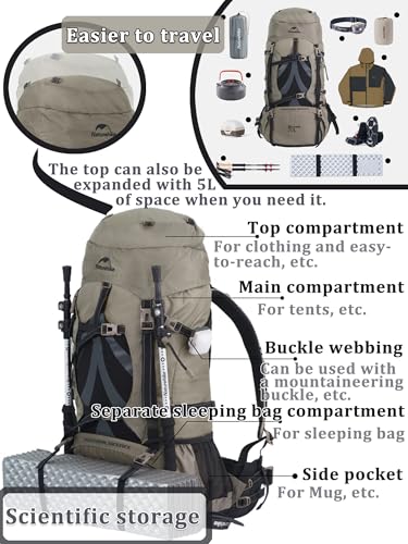 Naturehike 70L 軽量 ハイキングバックパック キャンプ 防水 登山バッグ レインカバー付き アウトドア デイパック 大人用, ブラック, 標準, 超軽量ハイキングバックパックの特徴・詳細 画像