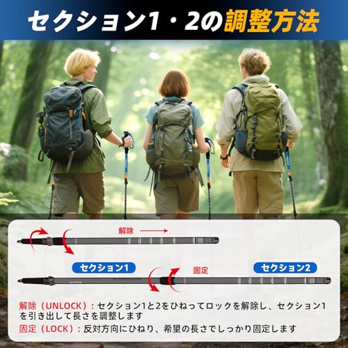 Clostnature トレッキングポール - アルミ製 2本セット 超軽量 コンパクト 伸縮式 登山 ストック ハイキングポール ウォーキングポール 登山用 58-135cm 調整可能 収納バッグ&付属品付きの特徴・詳細 画像