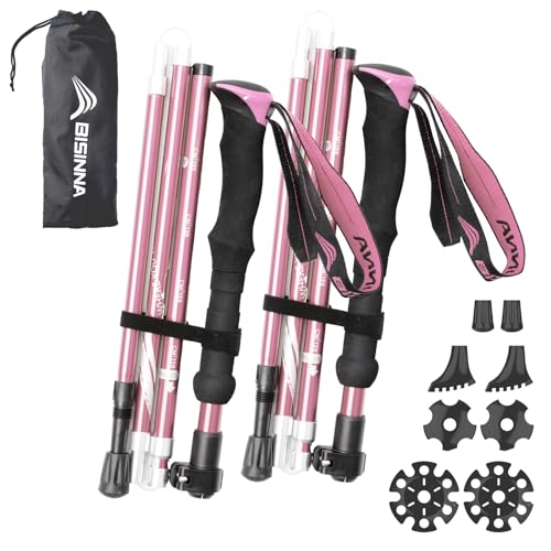 BISINNAトレッキングポール 折畳み 軽量 登山用ストック 2本セット コンパクト アルミ製 長さ調整可能 5段伸縮式 登山 ウォーキング アウトドア ハイキング 遠足 散歩 男女兼用 専用収納袋付き 持ち運びが便利 95-115cm（ピンク） 1