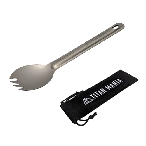TITAN MANIA(チタンマニア) 先割れスプーン チタン製 軽量 頑丈 カトラリー スポーク ショート 持ち運び 直火 調理器具 キャンプ ソロキャンプ アウトドア用品 キャンプ用品 収納袋付き 1