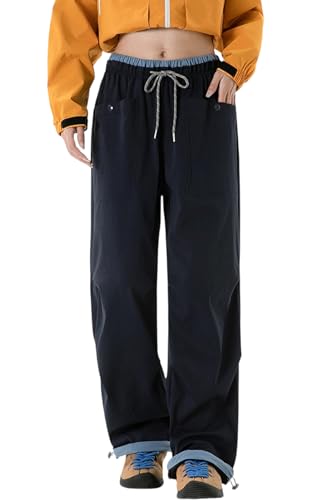[MORGEN SKY] レディース トレッキングパンツ カーゴパンツ カジュアル ワイドパンツ アウトドアロングパンツ 登山 ゆったり ウエストゴム 裾絞り 作業着 無地 CK2599 (JP, アルファベット, S, ネイビー) 1