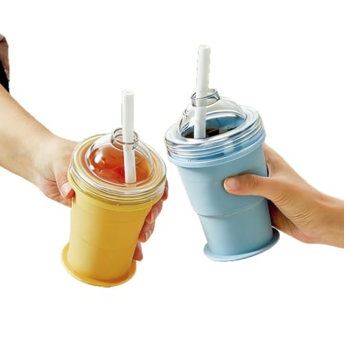 折りたたみシリコン製ドリンクカップ 氷型付き保冷容器 アウトドア キャンプ 旅行 オフィス用 吸管付き 食品衛生法適合 夏グッズ 持ち運び便利 エコ 再利用可能 保冷アイテム 1