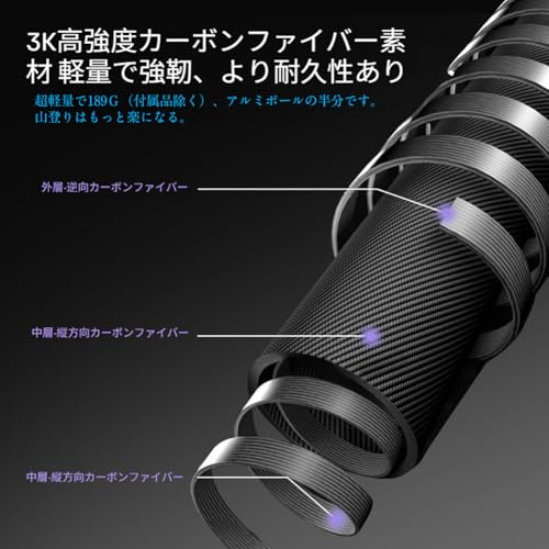 トレッキングポール カーボン 2本セット 伸縮 軽量157g 57-120cm アンチショック 頑丈 高級登山ストック ウォーキングステッキ タングステン杖先 吸水グリップ 収納バック付 ハイキング スキー 登山杖 山登り用品 (アイボリー)の特徴・詳細 画像