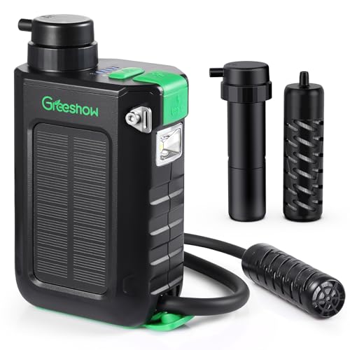 Greeshow GS-2811 電動浄水器 アウトドア 【日本正規品】手回し ソーラー充電機能 災害 濾過器 飲み水 防災用 LEDライト SOSモード スマホ充電機能 登山/地震/災害用 軽量 PSE技術適合 GS-2811 携帯浄水器 フィルター2個セット 1