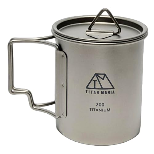 TITAN MANIA(チタンマニア) マグカップ チタン製 蓋付き 全てのサイズが蓋ごとスタッキング出来る 超軽量 折りたたみハンドル 直火 錆びない 単層構造 キャンプ ソロキャンプ アウトドア用品 キャンプ用品 収納袋付き (200ml) 1