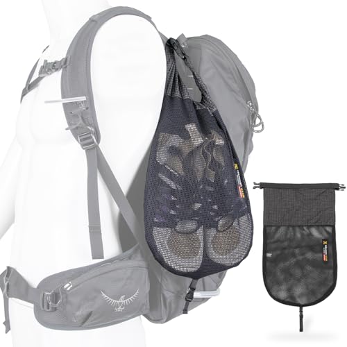 拡張収納ポーチ 登山用 シューズ収納 リュックを外付ける サブポーチ メッシュ 通気 軽量 シューズケース 登山ザック用 シューズバッグ キャンプ アウトドア ハイキング ジム ヨガ(ブラック, L) 1