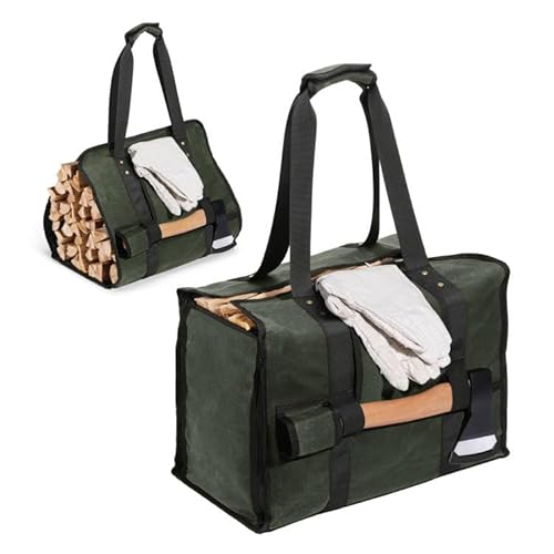 薪バッグ Housolution ログキャリー キャンプバッグ トートバッグタイプ 大容量収納 ささくれ防止/汚れ防止 持ち運び便利 耐磨耗 16A綿帆布製 パラフィンワックスコーティング LightGreen 1