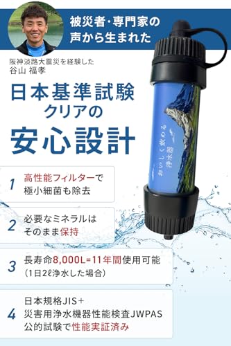 【日本規格JIS検査済み】 携帯浄水器 アウトドア 登山 旅行 防災 災害用 グッズ 手動 飲料水 8000L 高性能 3層 フィルター(活性炭/PP) ペットボトル対応 PLEASINGSAN 【プリージングサン】の特徴・詳細 画像