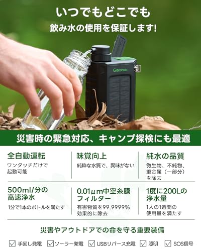 Greeshow 携帯浄水器 災害 防災安全協会推奨品認証 アウトドア 電動 【日本正規品】 手回し ソーラー充電機能 濾過器 飲み水 LEDライト SOSモード スマホ充電機能 防災グッズ フィルター交換可能 キャンプ/登山/地震/災害用 軽量 PSE技術適合 GS-2811の詳細・まとめ 画像